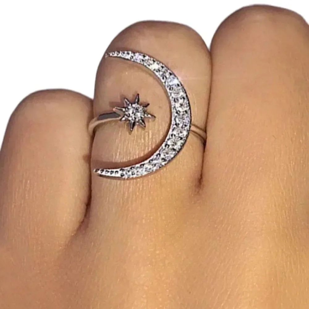 Celestial Crescent Moon Star Silver Tone Crystal Adjustable Ring NWT